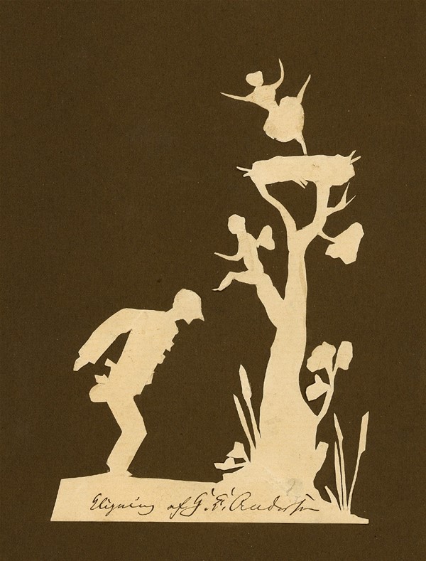 H.C. Andersen-klip: Pjerrot, træ, engel, danserinde i reden i toppen af træet (Klip i hvidt papir)